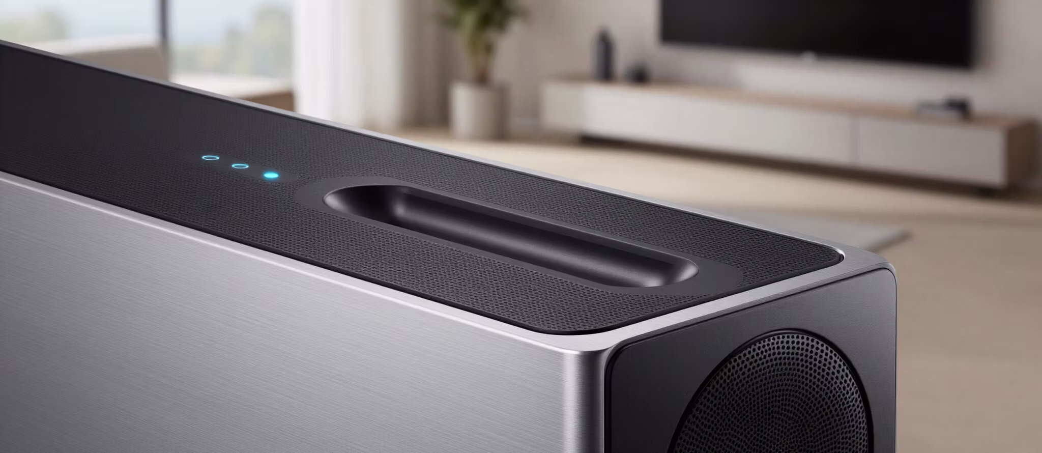 Close-up of a soundbar in a modern living room